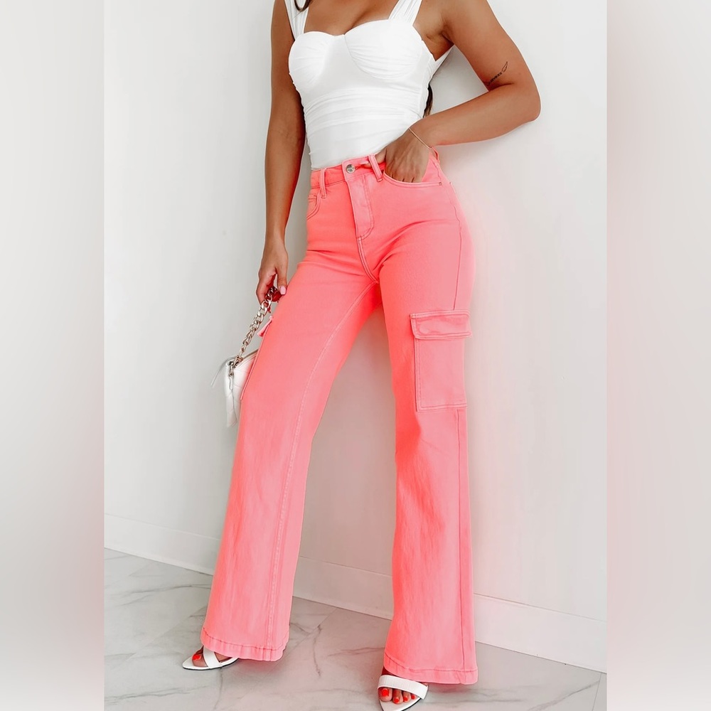NanaMacs Risen LIVING IN THE MOMENT HIGH RISE WIDE LEG CARGO JEANS (HOT PINK)